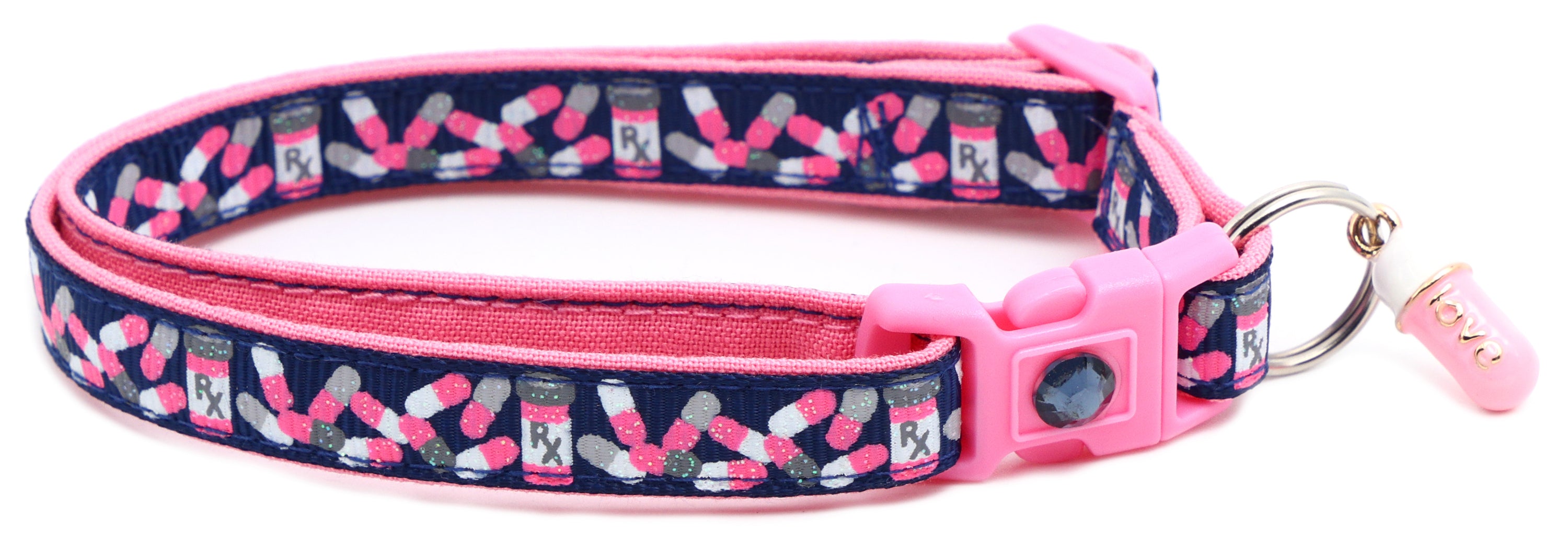 Handmade Pills Breakaway Cat Collar in reinforced cotton with adjustable sizes and breakaway clip for safety.